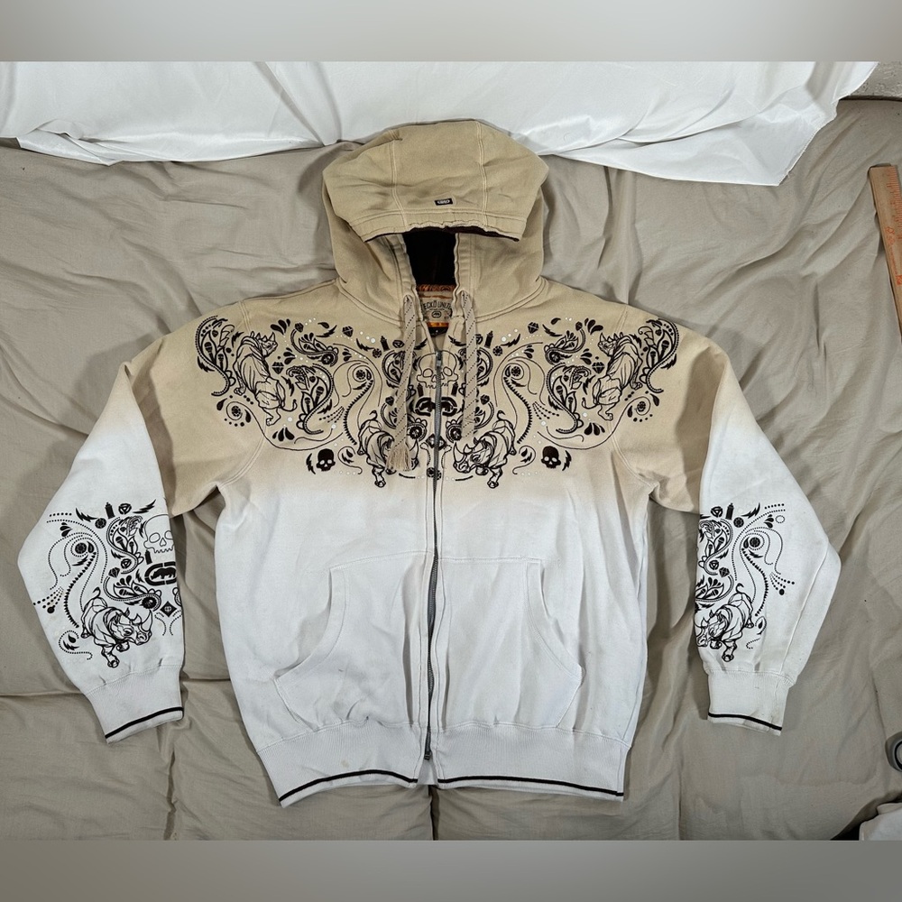 Ecko Unltd Hoodie Med Beige White Ombre Embroidered Rhino Sweatshirt Y2K Grunge